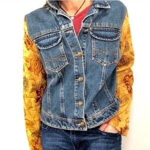 CAbi The Poet Denim Jean Jacket Brocade Sleeve‎ Sm